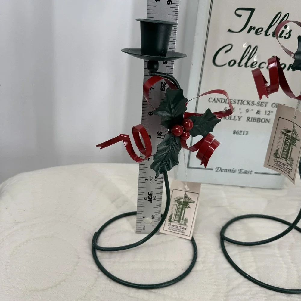 Vintage Dennis East Trellis Holly Ribbon Candlestick Set‎ Of 3 Christmas Decor